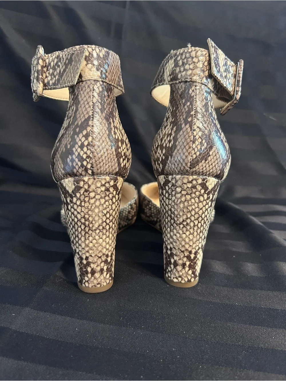 Jessica Simpson Snake-Print Ankle-Strap Wedge Pumps in Brown and Cream. Size 6.5